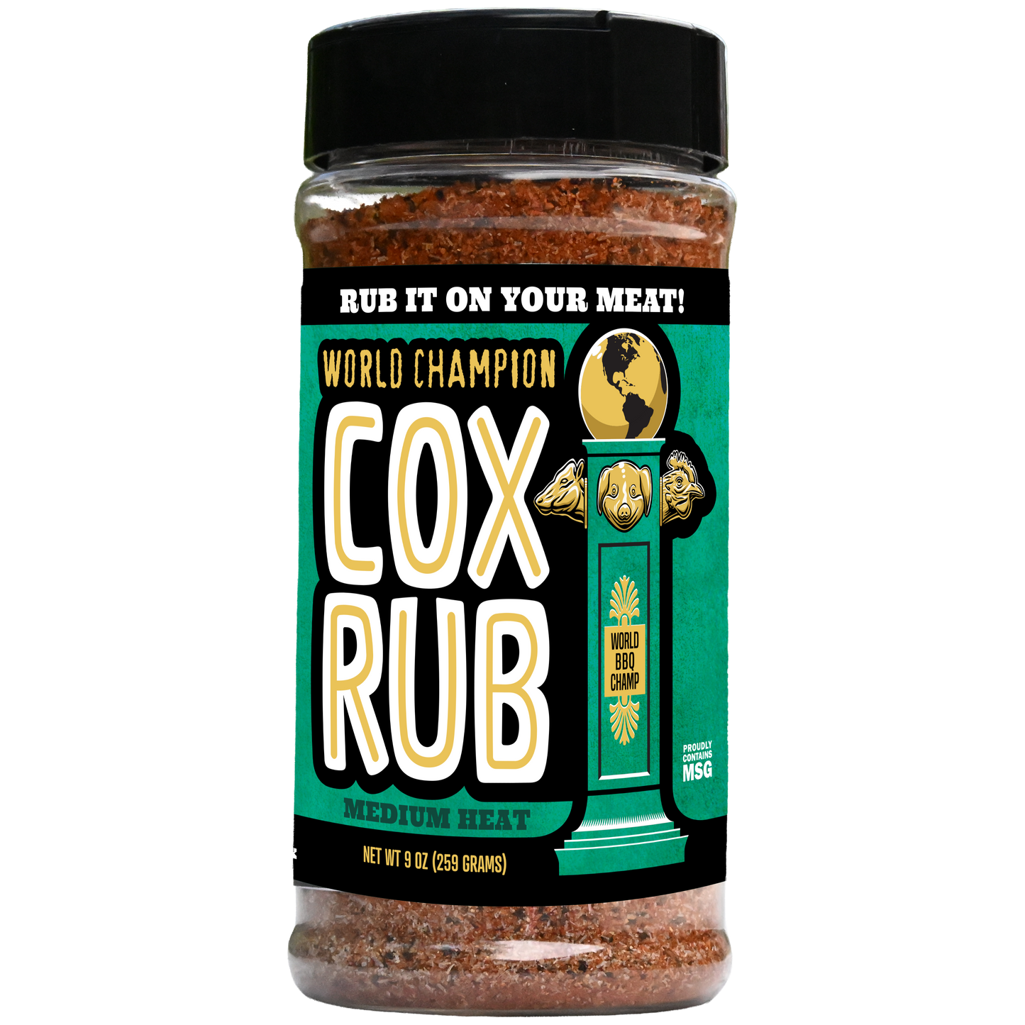 Cox Rub bottle, front label: World Champion Cox Rub, Medium Heat, 9 oz