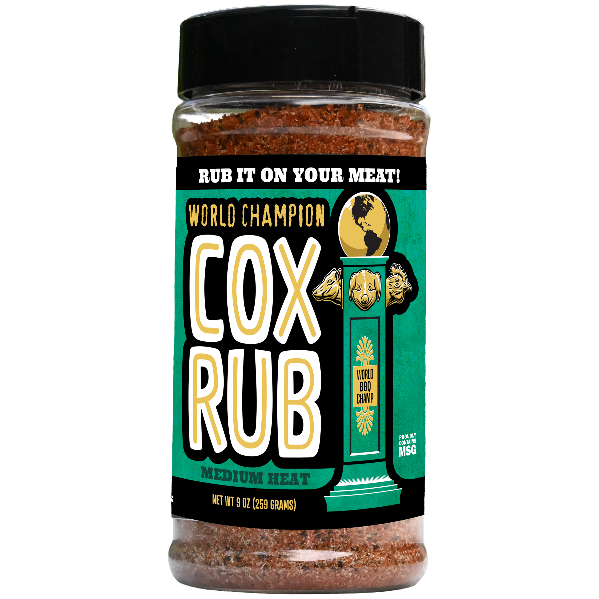 Cox Rub bottle, front label: World Champion Cox Rub, Medium Heat, 9 oz