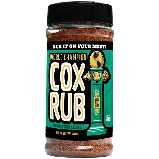 Cox Rub bottle, front label: World Champion Cox Rub, Medium Heat, 9 oz