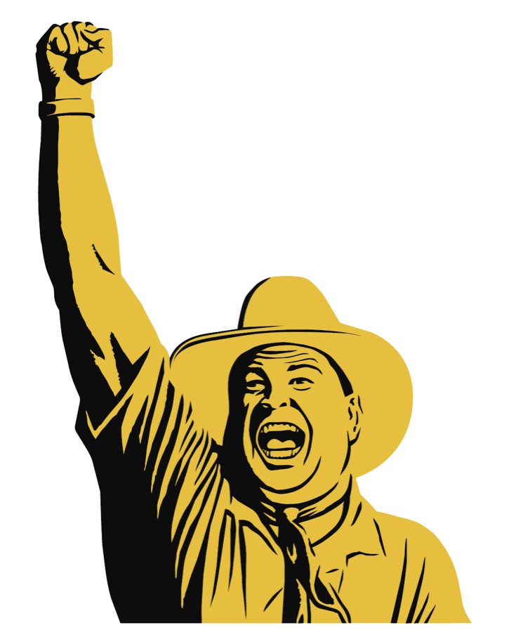 Gold illustration of David Cox, fist raised in a cowboy hat